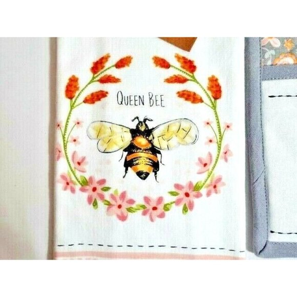 Kay Dee Queen Bee Kitchen Towel Honey Bee Embroidered Pocket Mitt 2-Piece - Picture 3 of 6